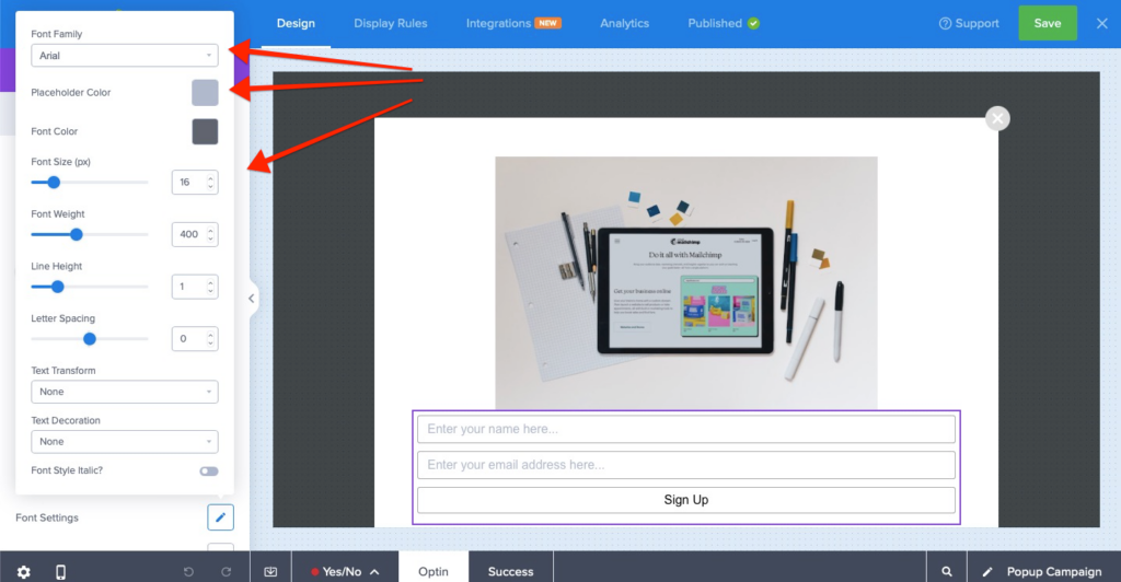 placeholder settings panel