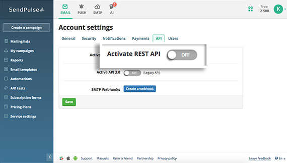Activate SendPulse API.