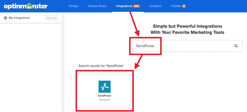 Select SendPulse to integrate with OptinMonster.