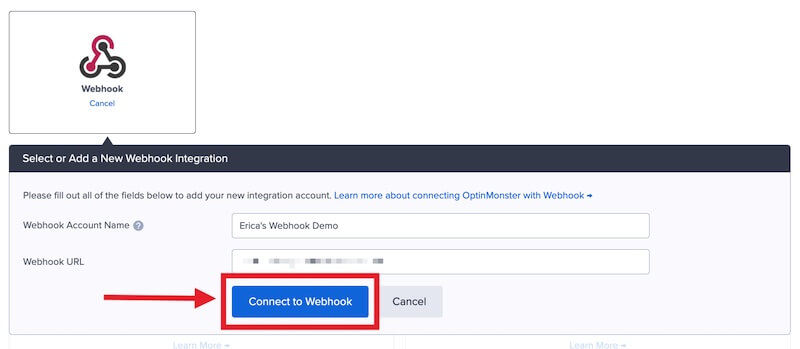 Connect OptinMonster with your Webhook.