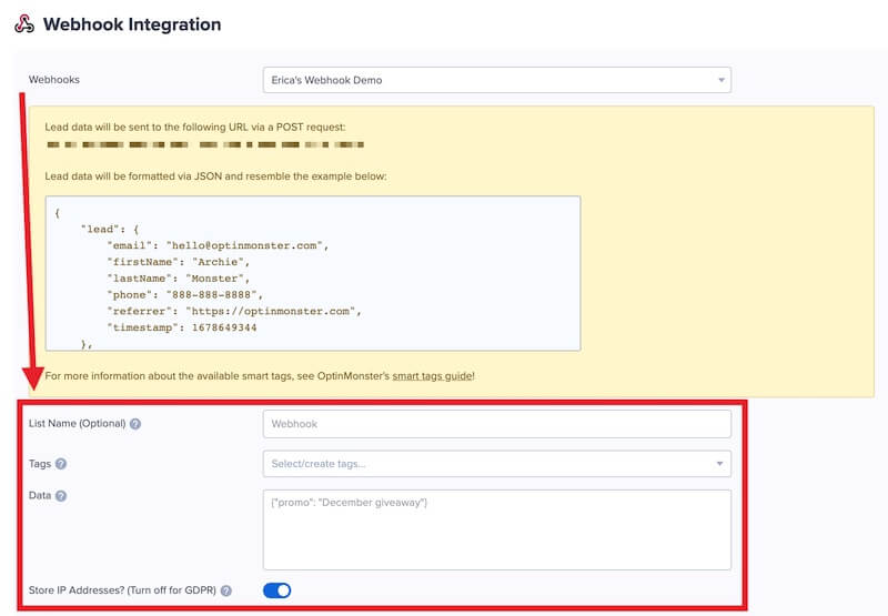 Webhook optional settings in OptinMonster.