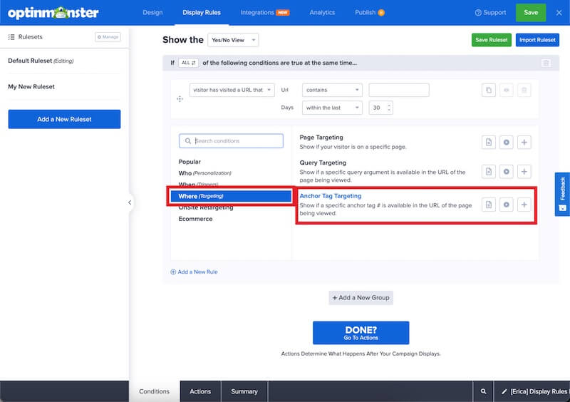 Anchor tag targeting in OptinMonster.