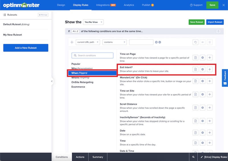 Exit-Intent rule in OptinMonster.