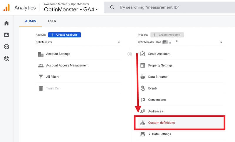 Select Custom Definitions in Google Analytics.