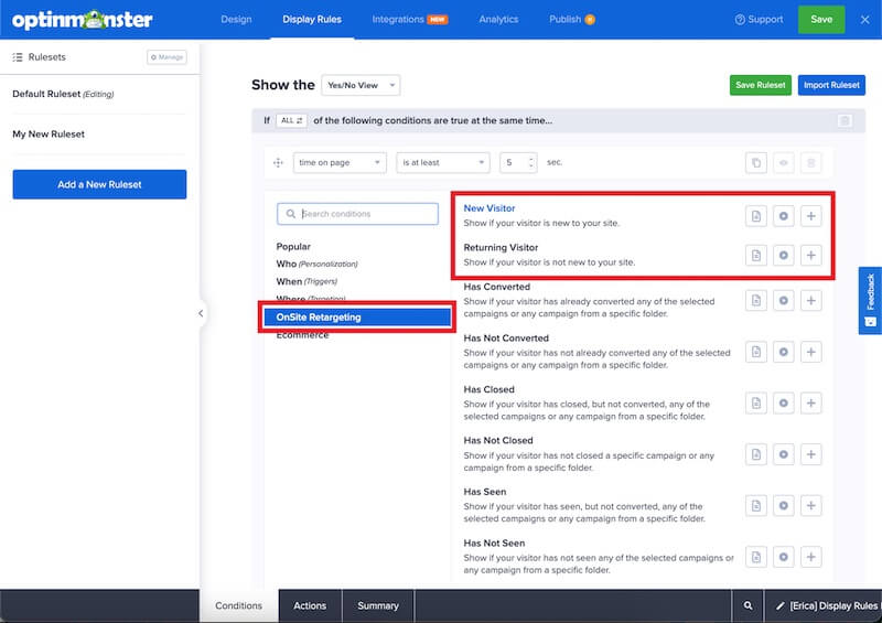 New or Returning Visitor rule in OptinMonster.