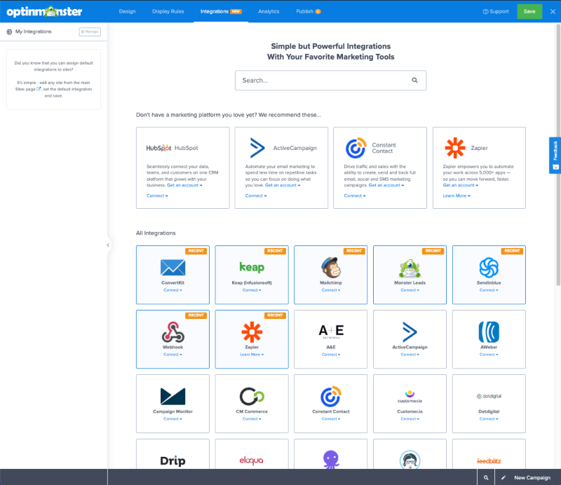 OptinMonster Field Mapping Integrations Screen