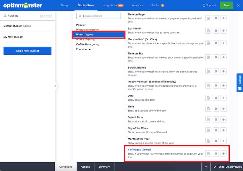 Number of pages viewed rule in OptinMonster.