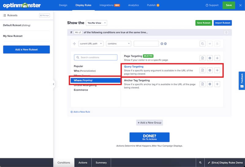 Query Targeting rule in OptinMonster.