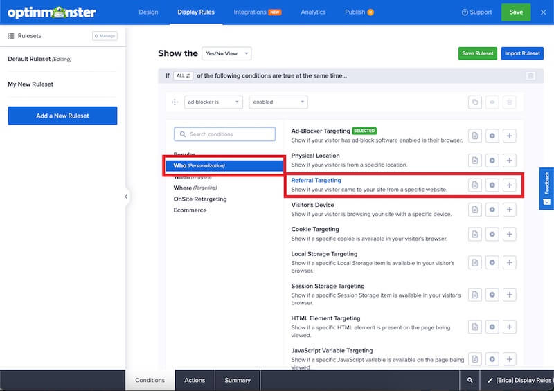 Referral Detection targeting in OptinMonster.