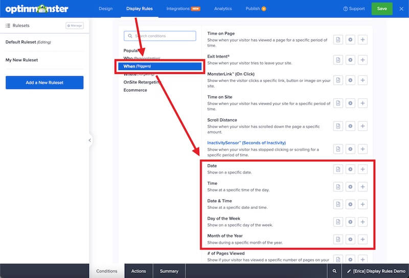 Select the Scheduling rule you wish to use in OptinMonster.