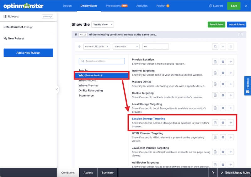 Session Storage targeting in OptinMonster.