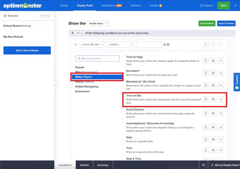 Time on Site rule in OptinMonster.