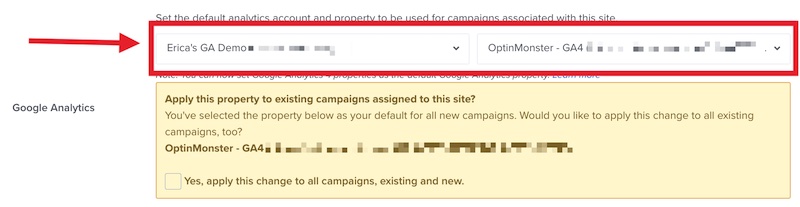 Select the default GA4 integration for your Site in OptinMonster.