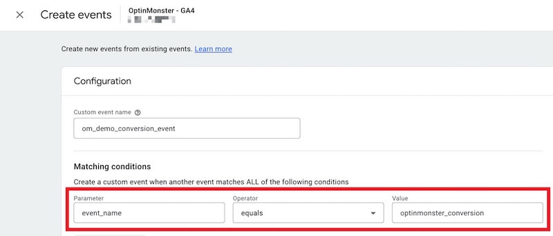 OptinMonster Conversion event as a matching condition.