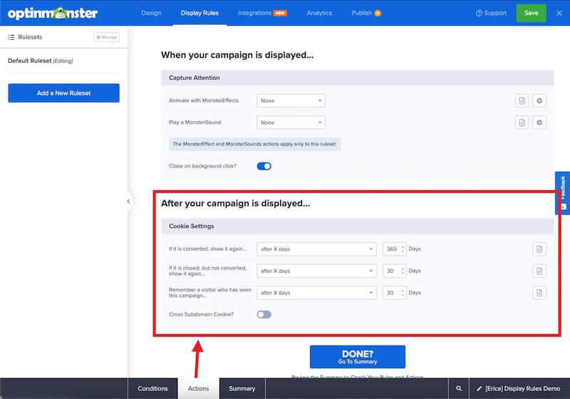 Cookie settings in the Display Rules of the OptinMonster campaign builder.
