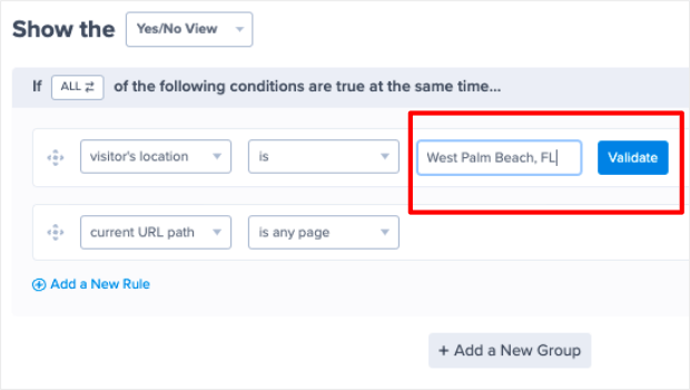 To continue geotargeting, enter a location name in the "Enter a location" text box, and click the "Validate" button